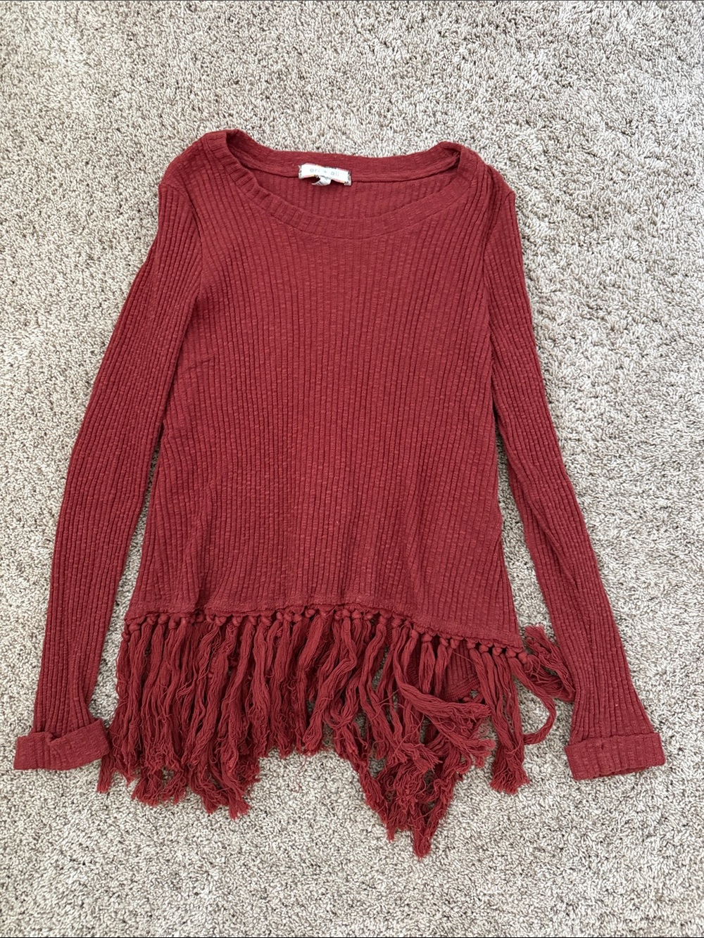 Women's Long Sleeve Fringe Hem Sweater - Red